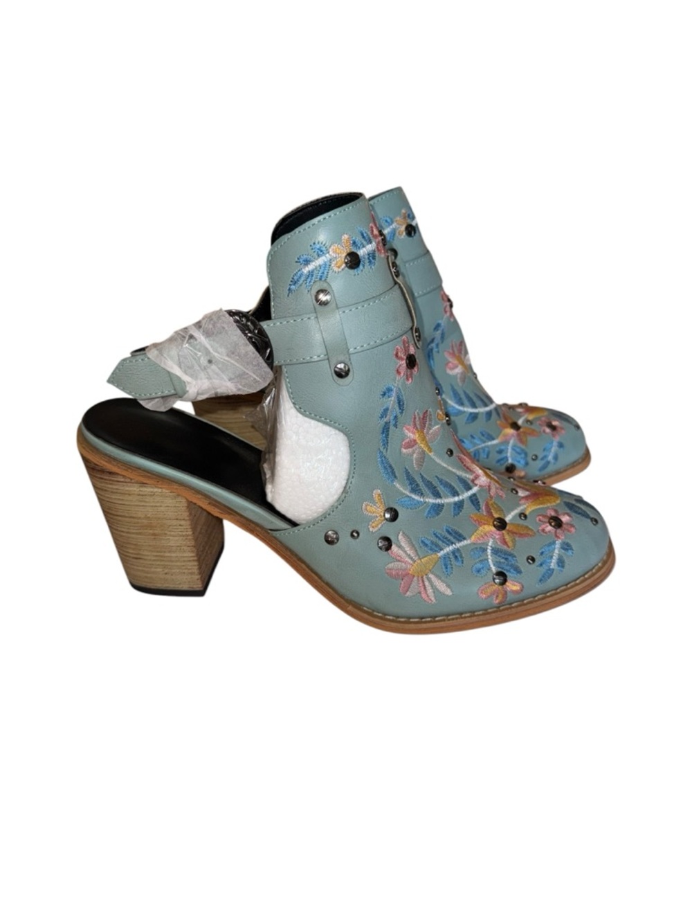 NWT Women's Floral Embroidery Ankle Boots Buckled Backless Western Sz 10 - Picture 5 of 6